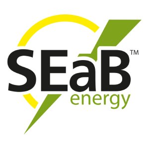 Logotipo da SEaB Energy com desenho circular amarelo e verde.