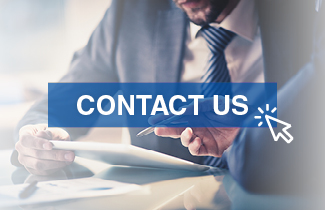 Businessman in a suit holding a tablet with the text 'Contact Us'.
