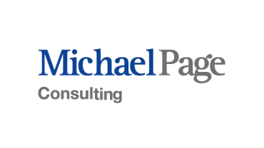 Logotipo da Michael Page Consulting em letras azuis e cinzas.