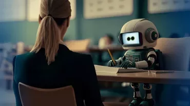 Robô com um lápis conversa com mulher em uma mesa.