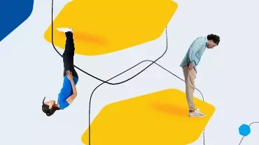 Homem olhando para baixo, mulher de cabeça para baixo em fundo colorido.