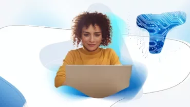 Mulher com um computador com o fundo do Talent Trends 2025 