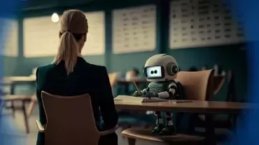 A woman in an office attire sitting in front of a robot.
