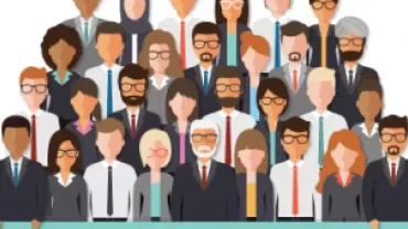 Ilustração de um grupo diversificado de pessoas em trajes formais.