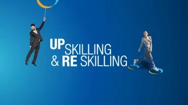 Homem flutua com balão, mulher caminha. Texto: Upskilling & Reskilling.