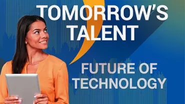 Mulher segurando tablet com texto 'Tomorrow's Talent, Future of Technology'.