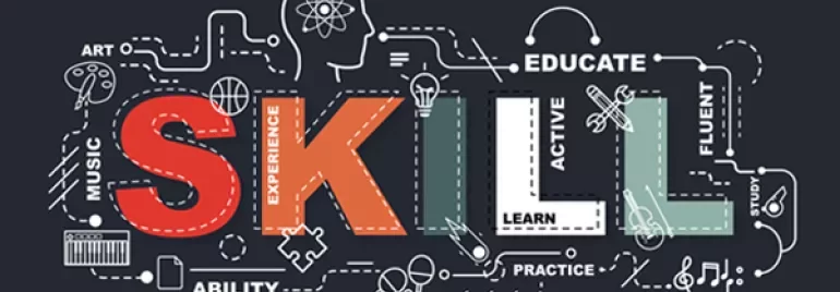 Ilustração da palavra 'Skill' com gráficos relacionados a artes, prática e educação.