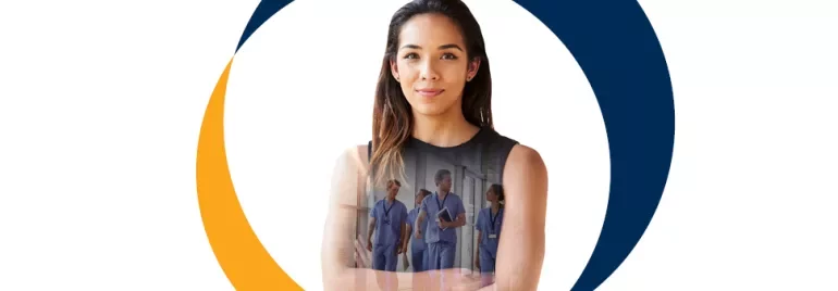 Mulher sorrindo com imagens sobrepostas de profissionais de saúde.