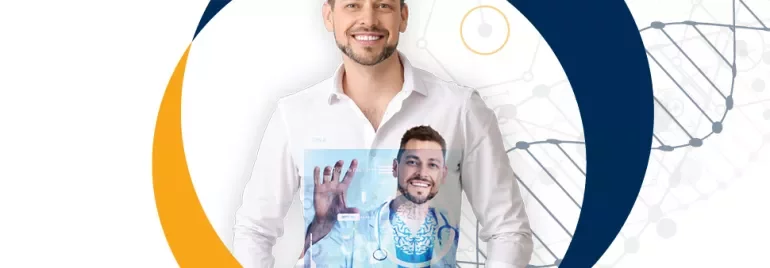 Homem sorrindo com projeção digital de dados médicos.