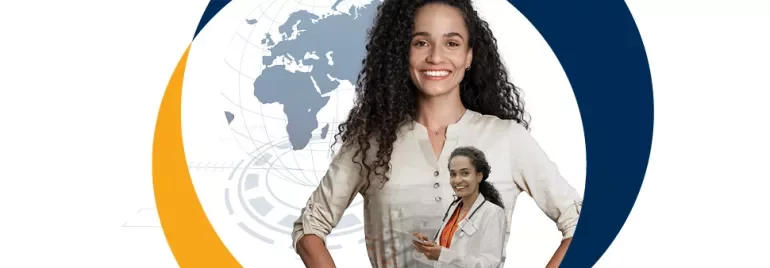 Mulher sorridente com mapa-múndi ao fundo e figura menor de médica.