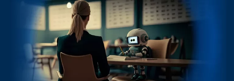 Pessoa conversando com um robô em uma sala de reunião moderna.