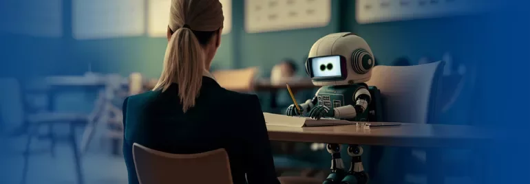 Robô com um lápis conversa com mulher em uma mesa.