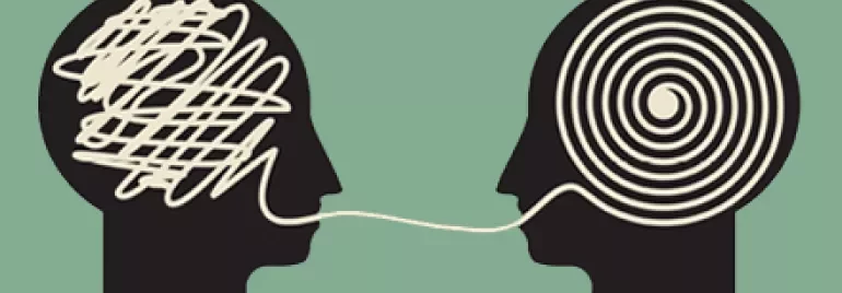Duas silhuetas, uma com linhas confusas, outra com linhas organizadas, conectadas por um fio.