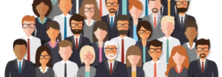 Ilustração de um grupo diversificado de pessoas em trajes formais.