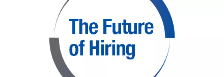 Texto: 'The Future of Hiring' em um círculo azul e cinza.