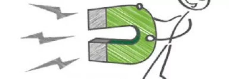Desenho de uma pessoa carregando um ímã em forma de U.