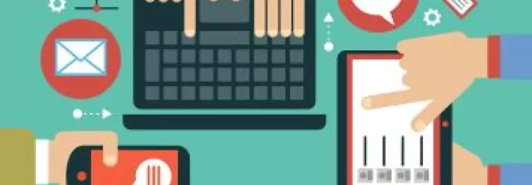 Ilustração de tecnologia com laptop, tablet e smartphone.