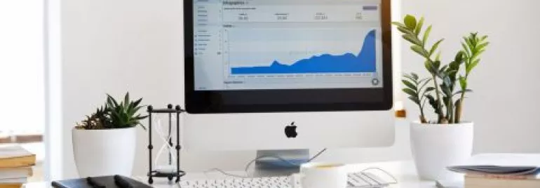 Computador exibindo gráfico em uma mesa com plantas.