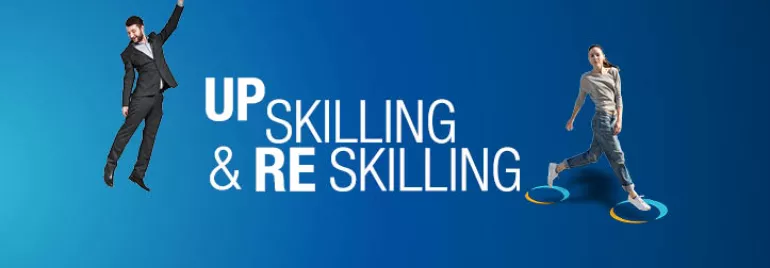 Homem flutua com balão, mulher caminha. Texto: Upskilling & Reskilling.
