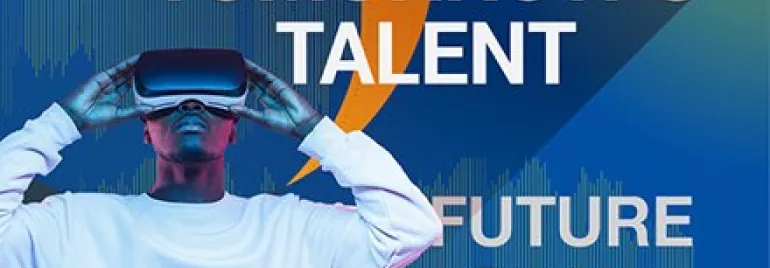 Pessoa usando óculos de realidade virtual com 'Tomorrow's Talent' ao fundo.