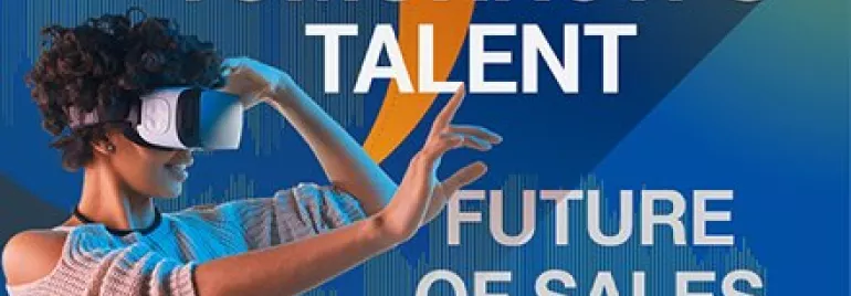 Mulher usando óculos de realidade virtual com texto: 'Tomorrow's Talent, Future of Sales'.