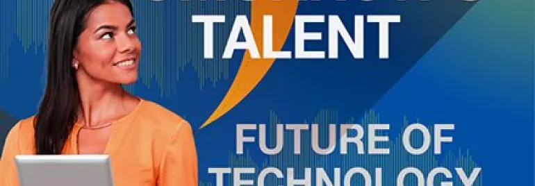 Mulher segurando tablet com texto 'Tomorrow's Talent, Future of Technology'.