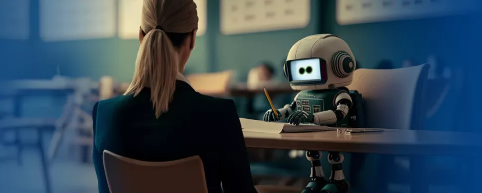 Robô com um lápis conversa com mulher em uma mesa.