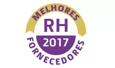 Logo circular em tons de roxo e dourado com 'Melhores Fornecedores RH 2017'.