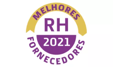 Selo de Melhores Fornecedores RH 2021 em roxo e amarelo.