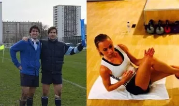 Dois homens em uniforme de rúgbi posando no campo.