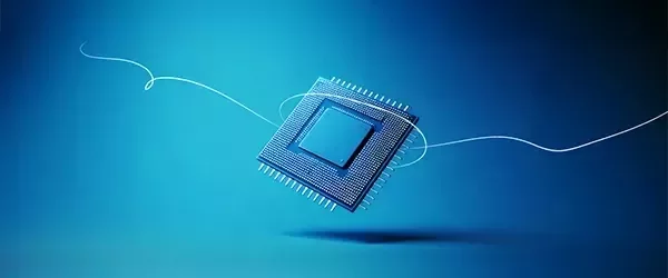 Um chip de computador com fundo azul.