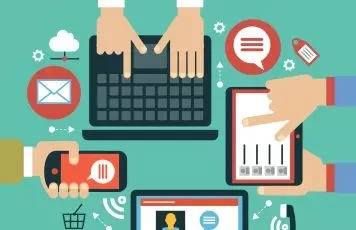 Ilustração de tecnologia com laptop, tablet e smartphone.