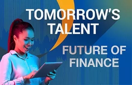 Mulher segurando tablet com texto: Talento do Amanhã - Futuro das Finanças