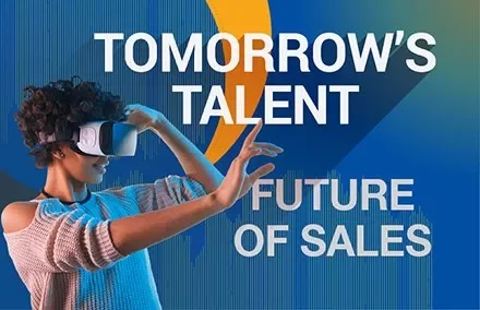 Mulher usando óculos de realidade virtual com texto: 'Tomorrow's Talent, Future of Sales'.