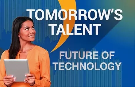 Mulher segurando tablet com texto 'Tomorrow's Talent, Future of Technology'.